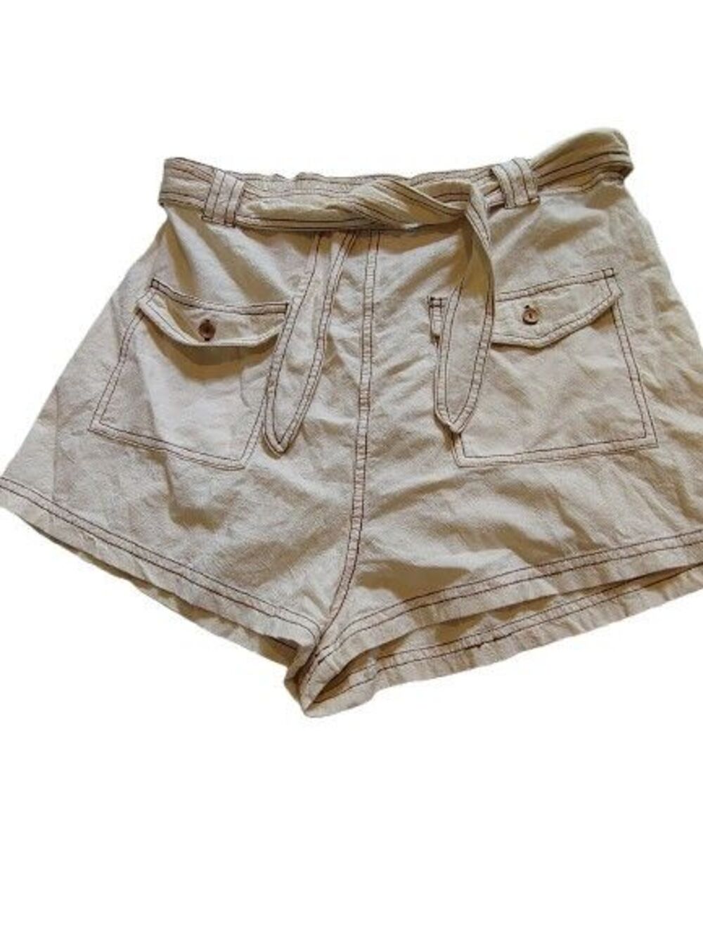 Free People High-Waisted Tie-Belt Shorts with Contrast Stitching & Pockets Med